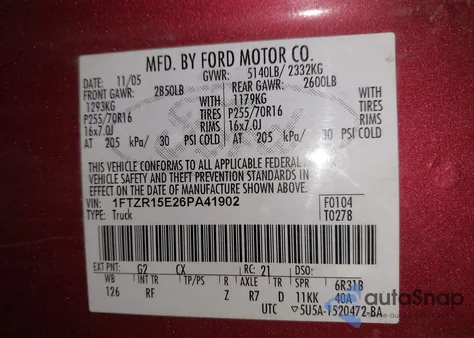 2006 Ford Ranger Fx4 Off-Road/Sport/Xl/Xlt from USA, damaged, VIN 1FTZR15E26PA41902